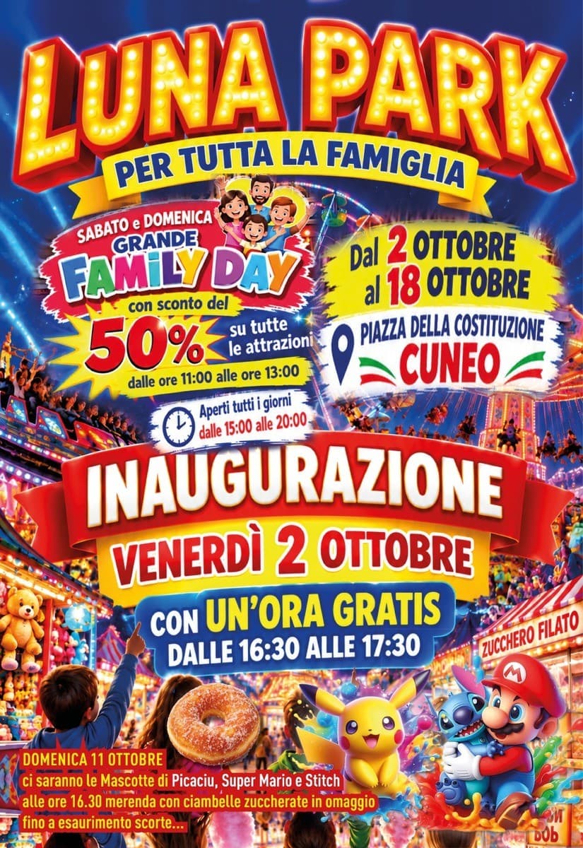 Luna Park a Cuneo, dal 2 al 18 ottobre torna il divertimento in piazza della Costituzione