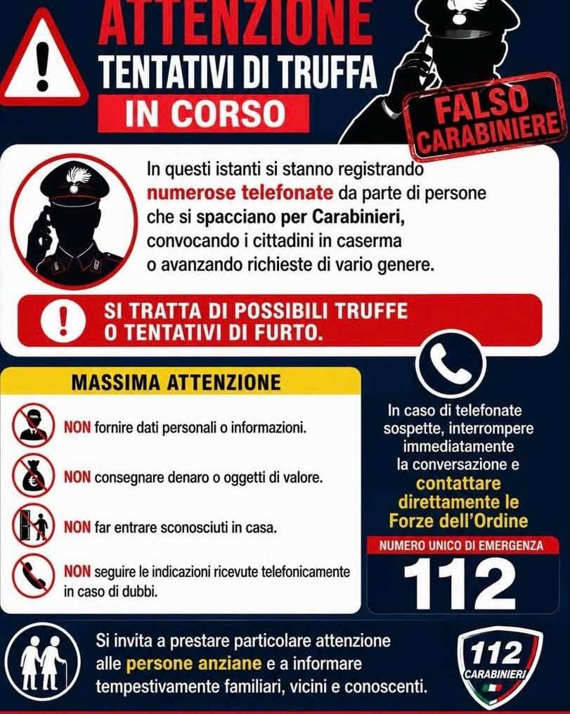 Truffe telefoniche, falsi Carabinieri chiamano i cittadini: diffidate e chiamate il 112