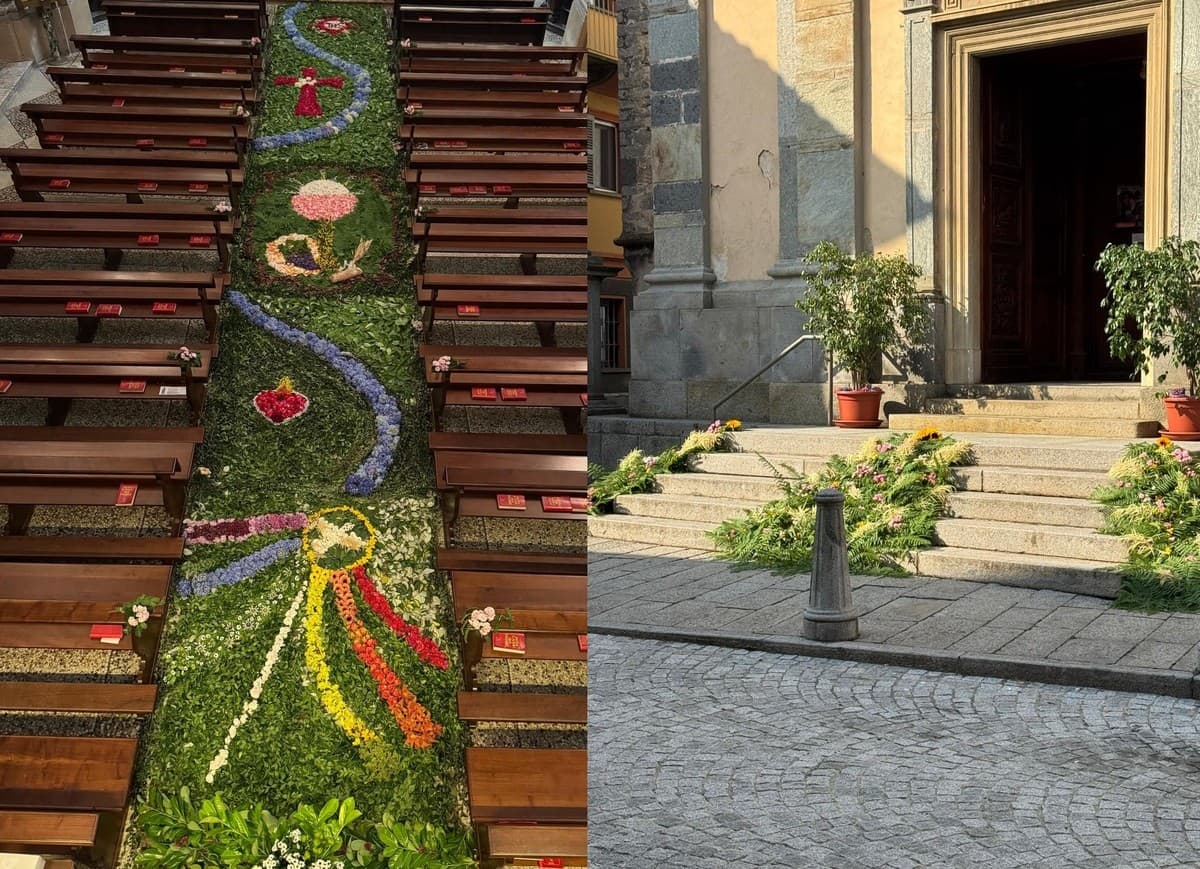 Biella, un tappeto di fiori verso l’altare: l’infiorata del Favaro richiama un gran numero di visitatori