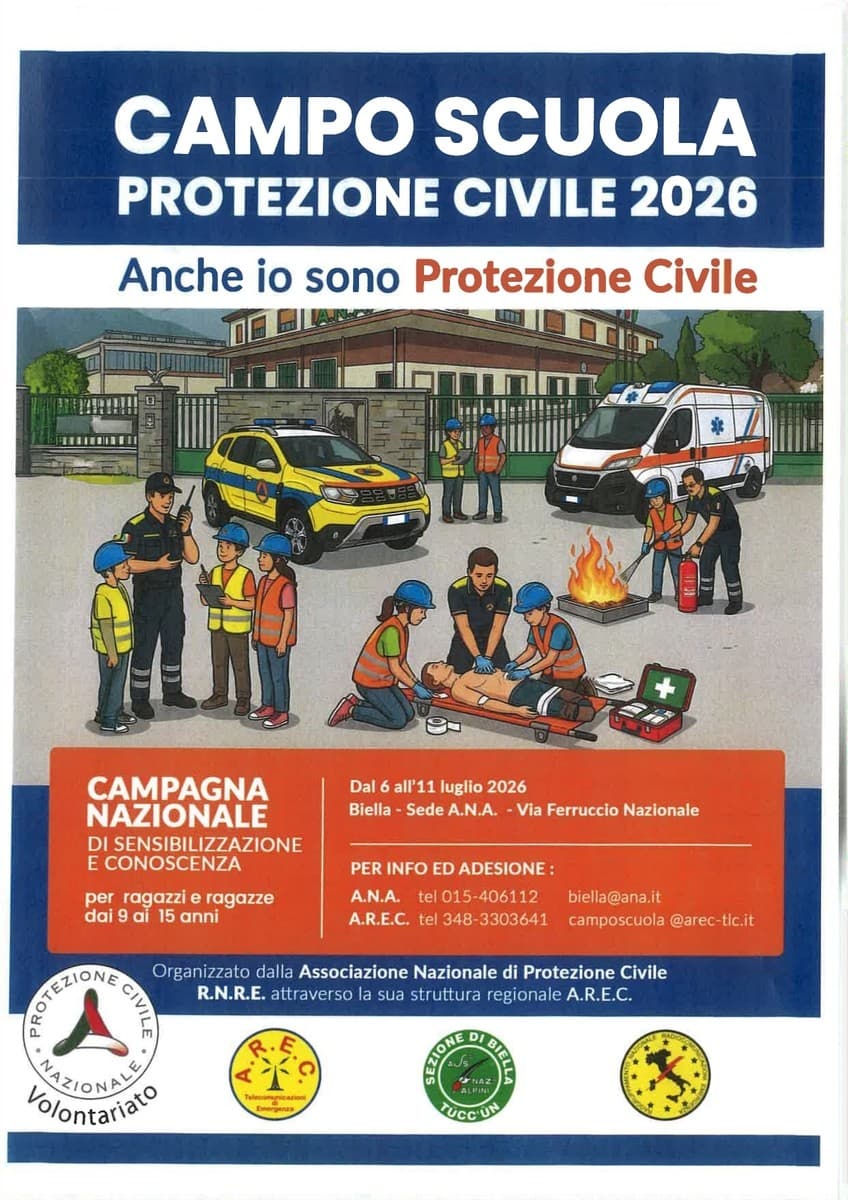 Biella, al via il Campo Scuola della Protezione Civile 2026: sei giorni di formazione e cittadinanza attiva per i più giovani