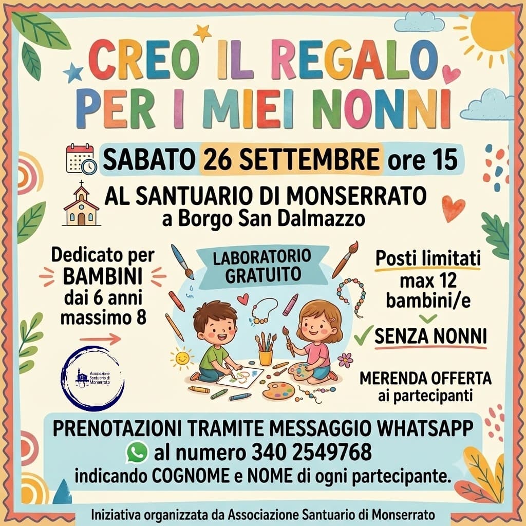 "Creo il regalo per i miei nonni": sabato al Santuario di Monserrato un laboratorio gratuito per i bambini tra 6 e 8 anni