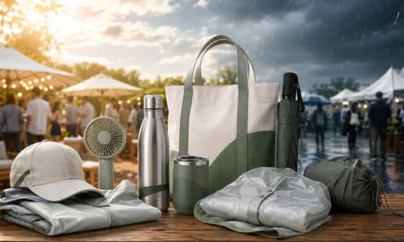 Kit pioggia e caldo per eventi: i gadget aziendali si adattano al meteo