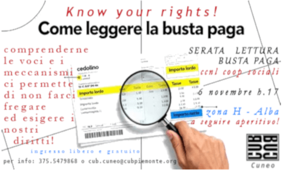"Impariamo a leggere la busta paga": ad Alba l'incontro della Cub Sanità per i lavoratori delle cooperative sociali