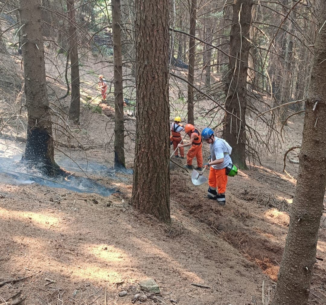 Incendio sul Monte Barone, AIB al lavoro per delimitare la pineta: scavate trincee e immessa acqua FOTO